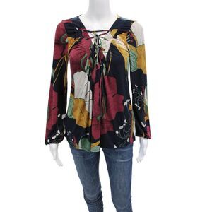 Daytrip Womens Textured Long Sleeve V-neck Pattern Multicolor Top Red Size XS